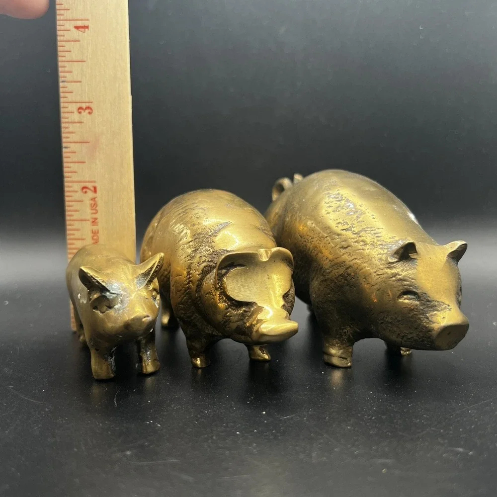 3 Vintage Solid Brass Pig Family Figures Ornaments Three Little Pigs Retro Heavy